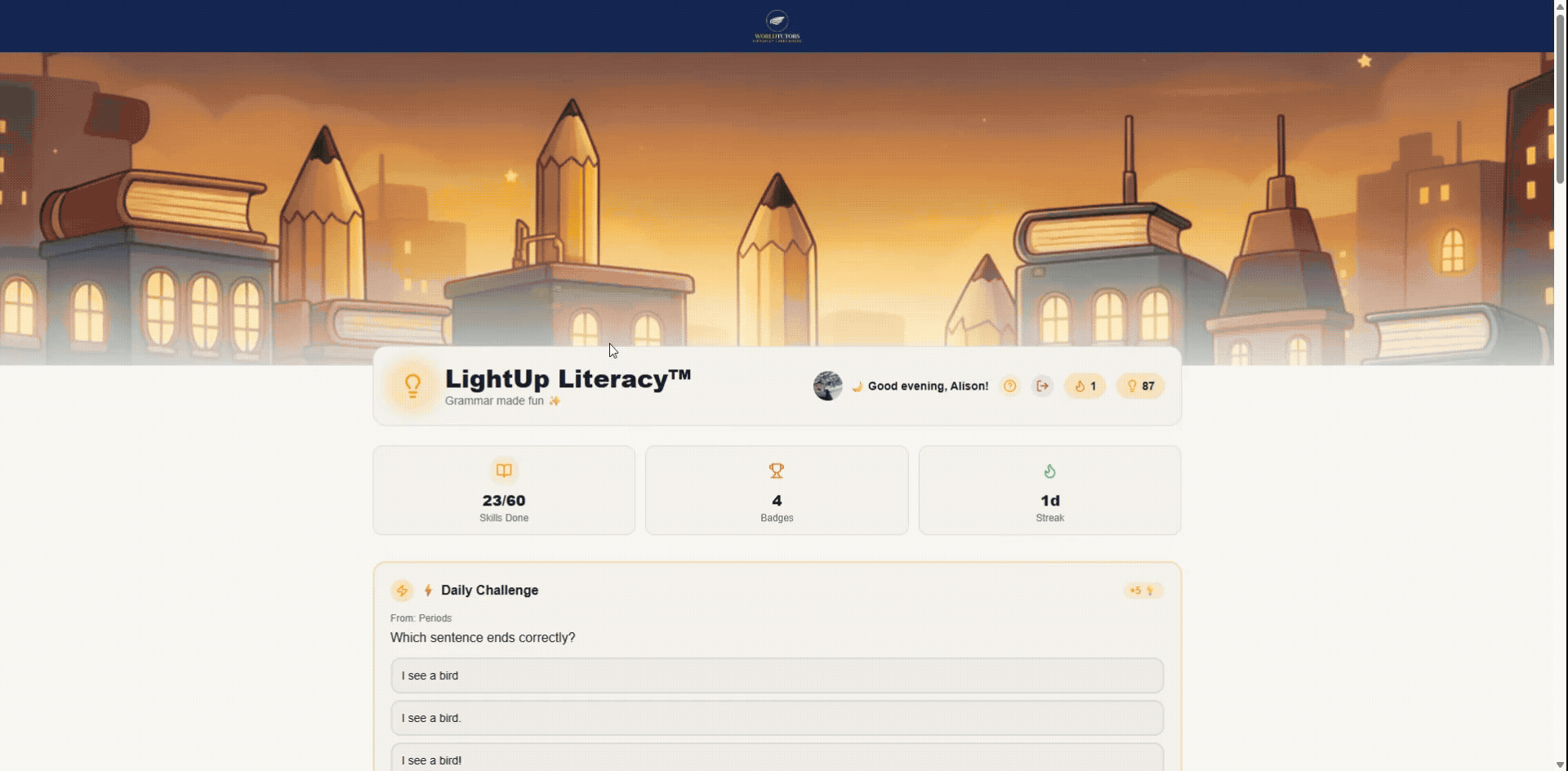 LightUp Literacy dashboard: grammar practice, skills progress, and daily challenges